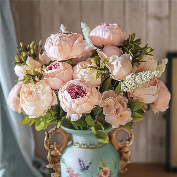 2pcs Vintage Artificial Peony Silk Flowers Bouquet (Light Pink Bud) - Picture 2 of 6